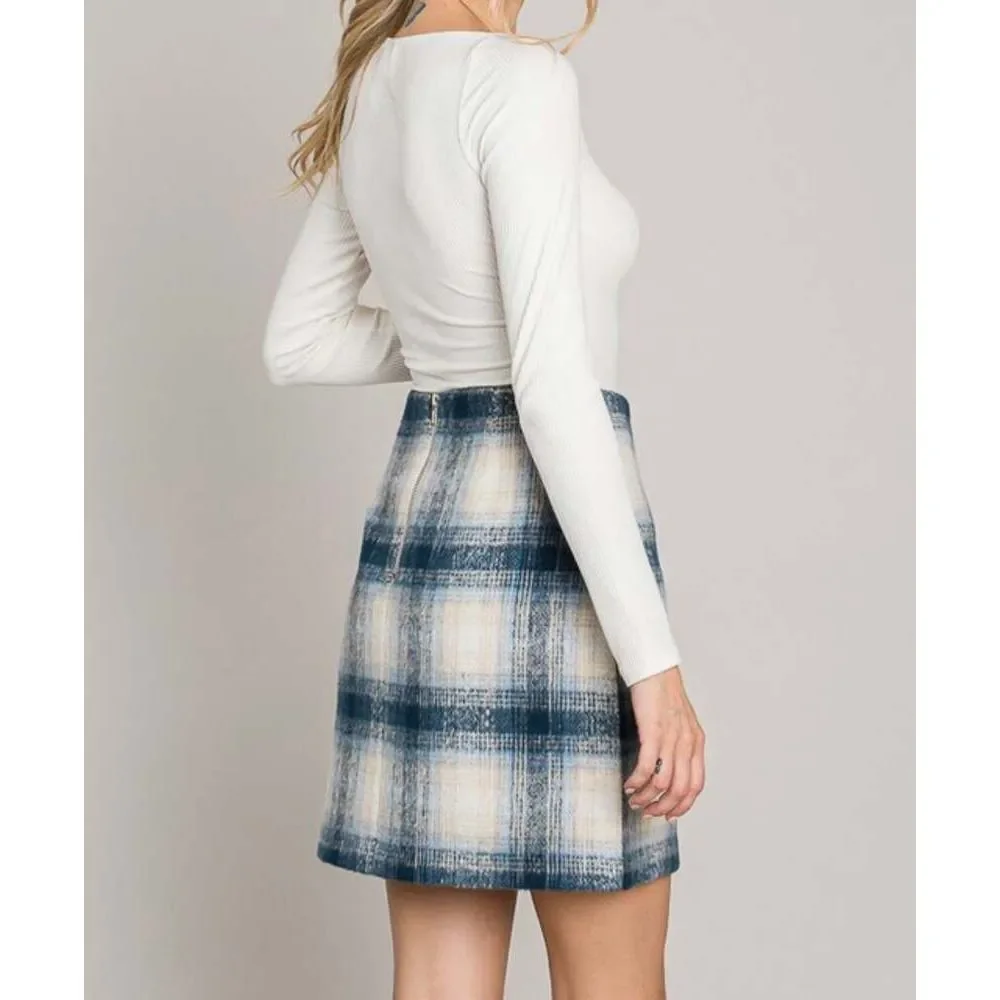 Navy Tartan Wool Plaid Skirt